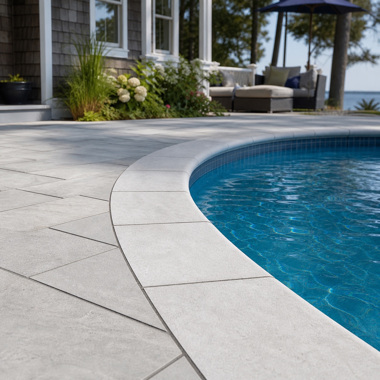 Finished light gray pool coping with precise joints beside clear blue water