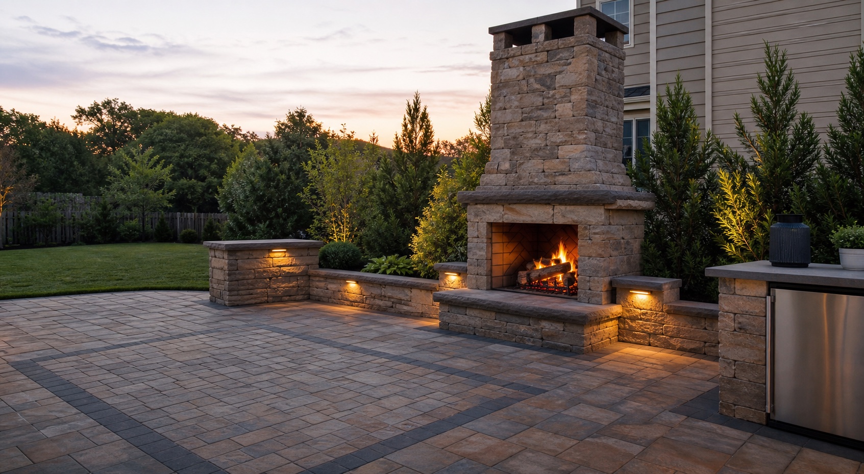 Stone outdoor fireplace with integrated lighting, low walls, and a patterned paver patio